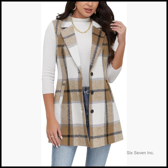 Wool Plaid Sleeveless Vest Long Blazer Jacket Cardigan Outerwear